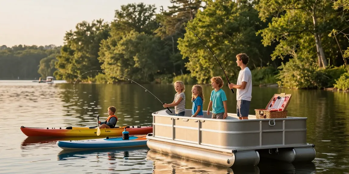 Boat rentals on Kawagama Lake with family fishing, vibrant summer scene at sunrise.