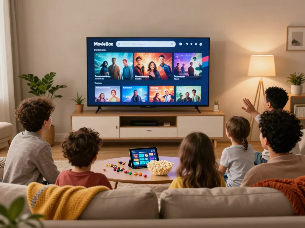 Family enjoying a movie together using the MovieBox app in a cozy living room setting.