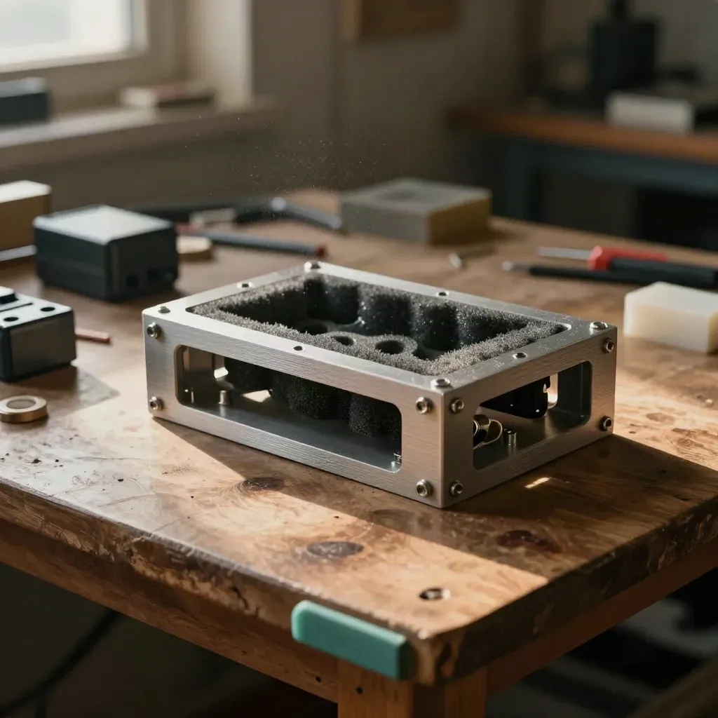 Bench-built medtech prototype with foam cradle, battery pack, offcuts and curing block on a workshop bench.