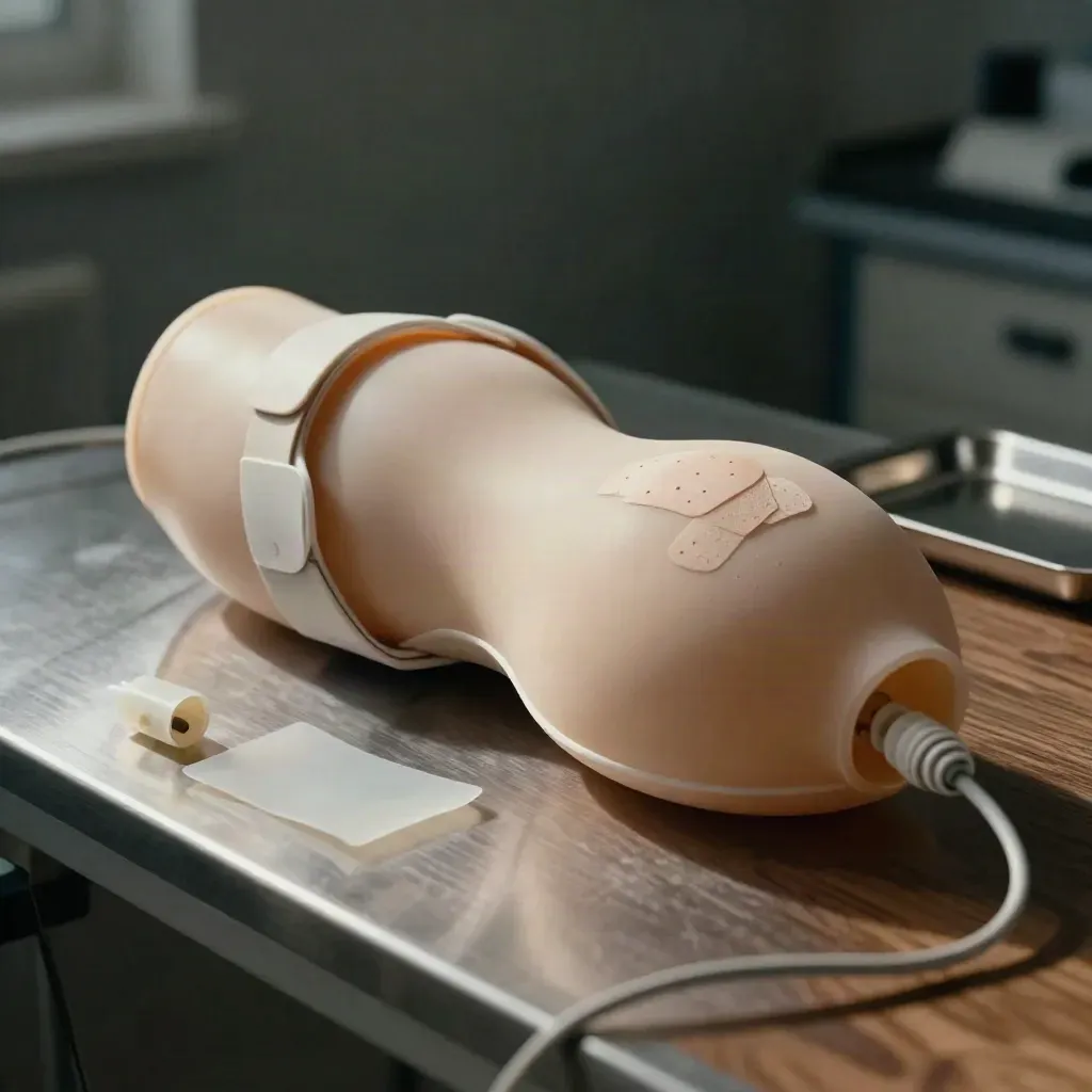 Wearable sensor prototype on a silicone torso form with adhesive test marks and cable loops.