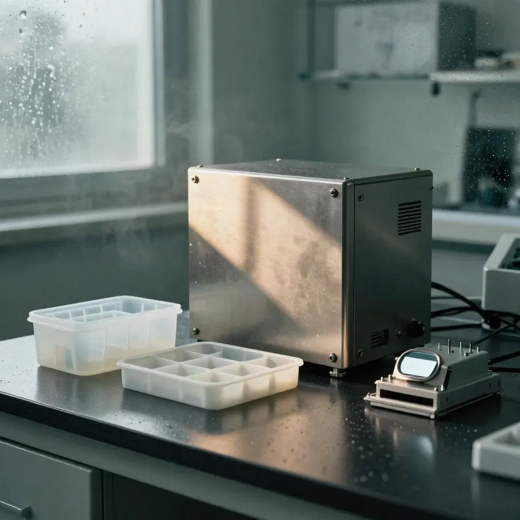 Medtech prototyping lab with a device shell, silicone mold, tray inserts and validation fixture on a dark bench
