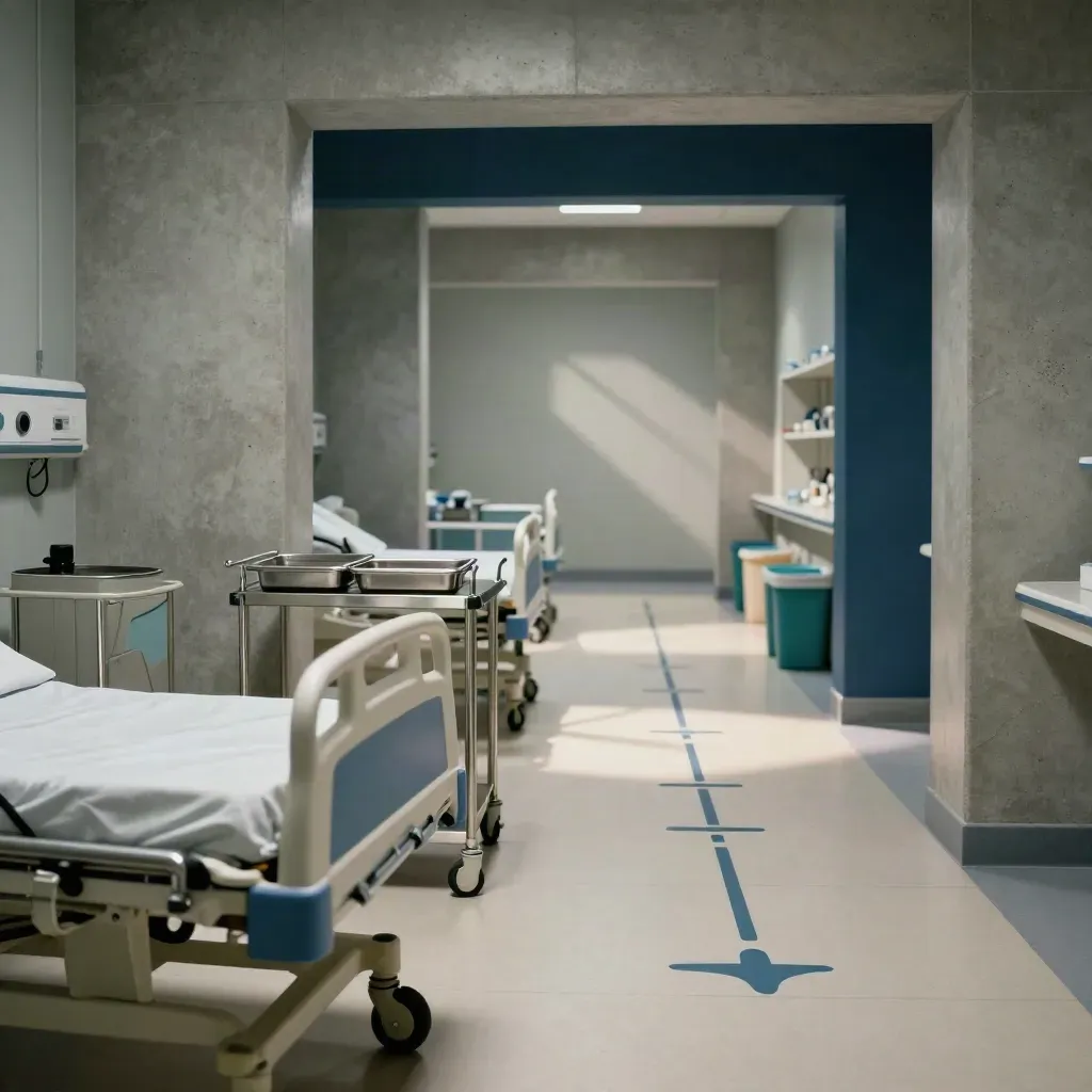 Empty simulation room with bed rail, cart, bins, and a tiled handoff pathway.