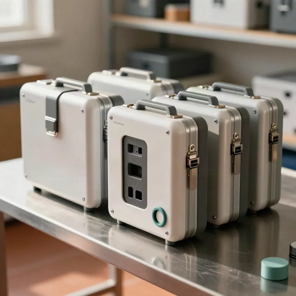 Finished medtech device kits with foam inserts and cases in a bright packing bay