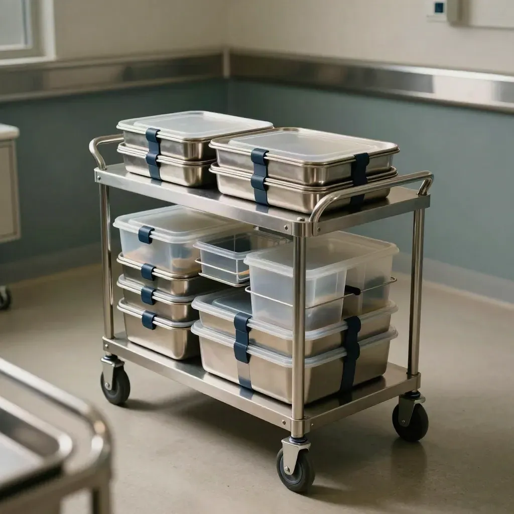 Hospital OR handoff cart with organized trays and closed modular kits in a sterile prep area.