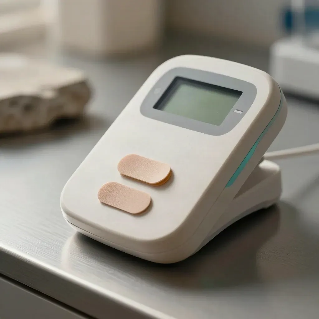 Wearable medical monitor on a curved stand with pads and pods, mid-test in a clinical setting.