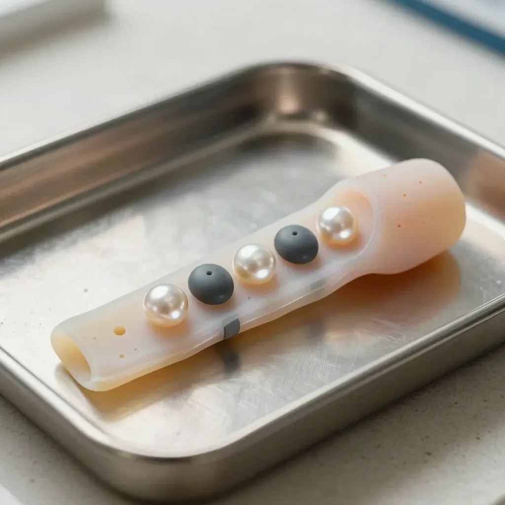 Macro still life of silicone anatomy, workflow tokens, and a sterile metal clip tray on travertine.