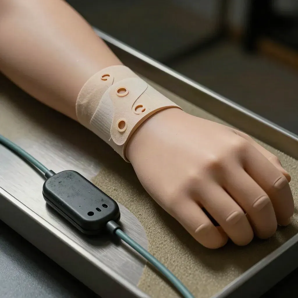 Silicone forearm test rig, worn recording puck, and adhesive pads in a clinical usability workspace.