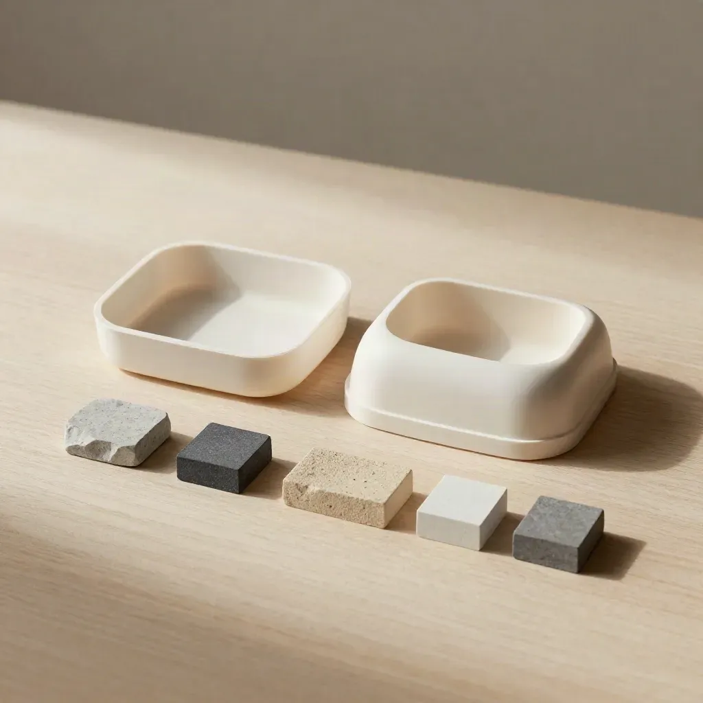 Overhead prototype casing halves, material chips, and plan blocks on pale wood