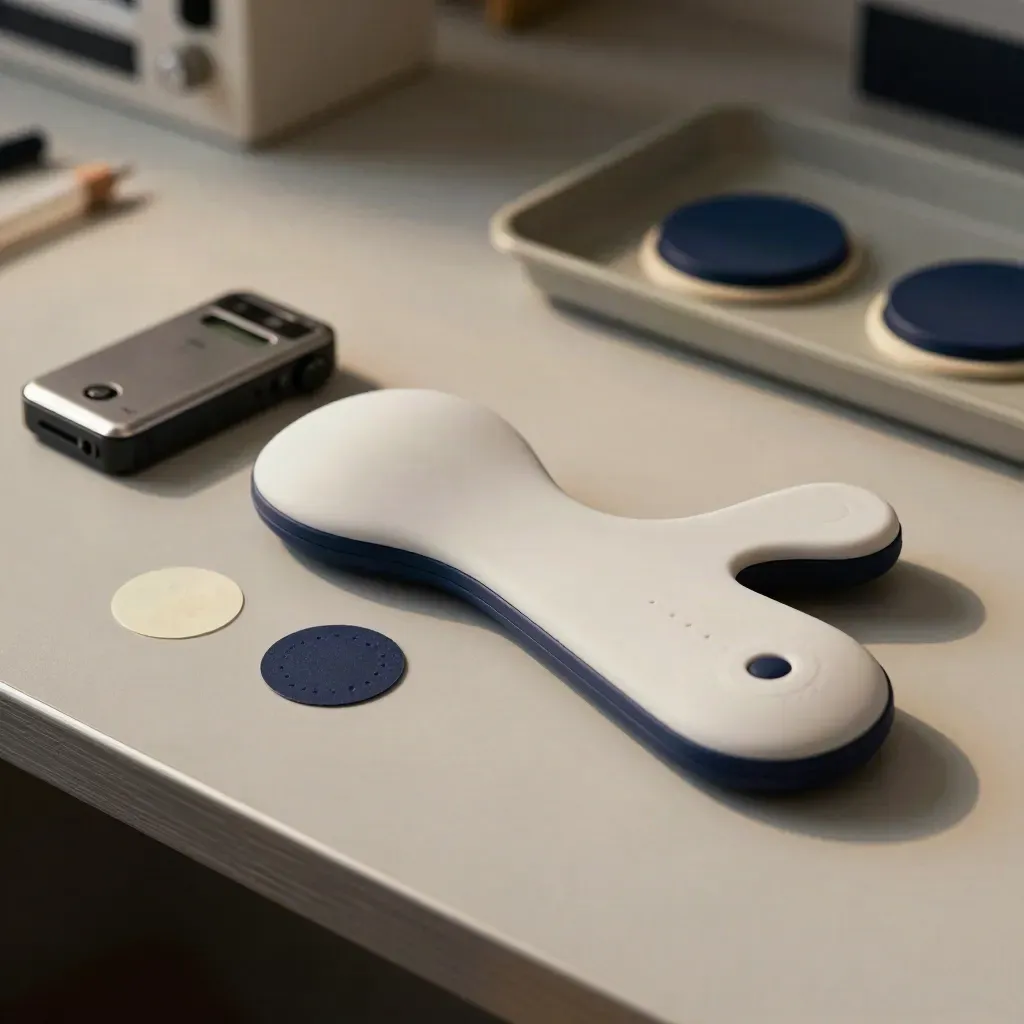 Silicone forearm test rig with puck, adhesive dots and recorder on a pale tray.