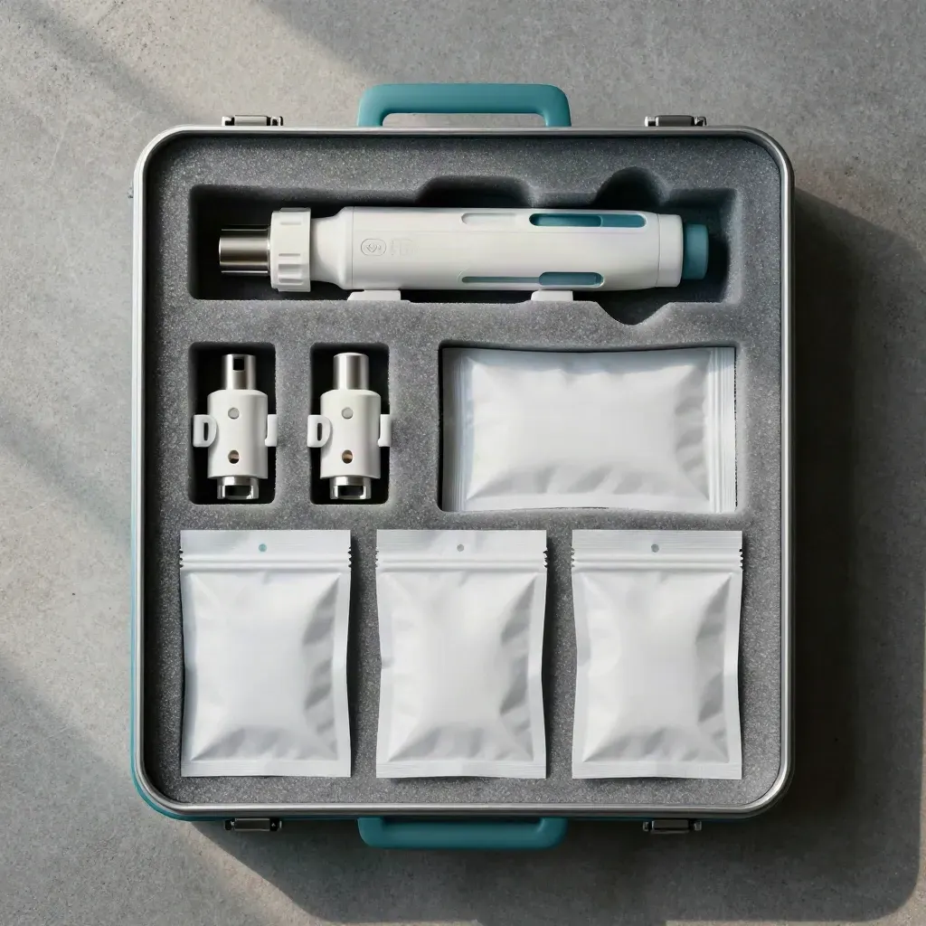 Overhead flatlay of a foam-lined medical device carry case with connectors and sealed accessory pouches.