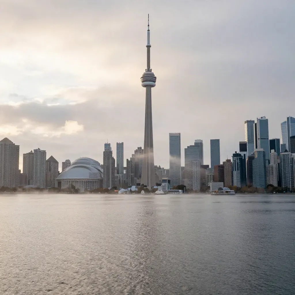 Toronto skyline at sunrise with CN Tower above misty Lake Ontario.