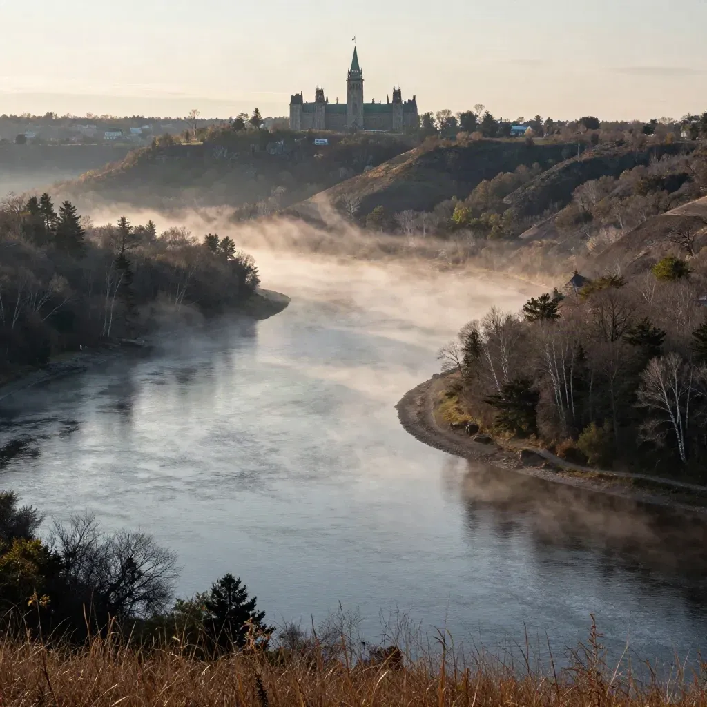 Ottawa Valley dawn with misted river, treed ridges, and Parliament Hill high in distance.