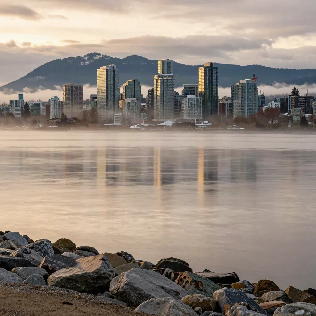 Misty Vancouver skyline and mountains above calm Fraser estuary at sunset after rain.