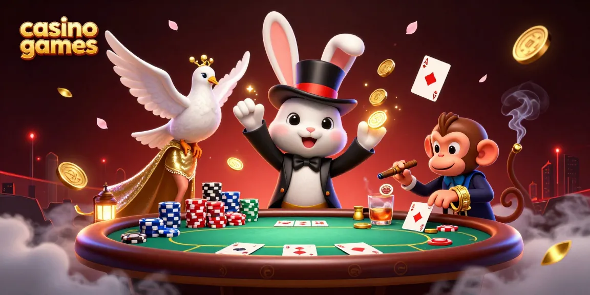 Experience exciting casino games with a magician rabbit, poker chips, and dramatic flair.