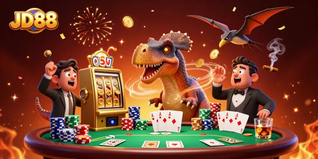 Experience the thrill of JD88 as a dinosaur hits a jackpot at a casino.