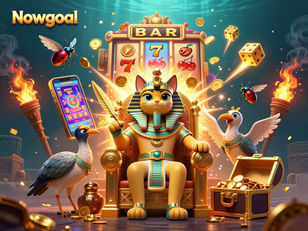 Engage with Nowgoal's vibrant casino world with a vivid scene of an Egyptian-themed illustration.