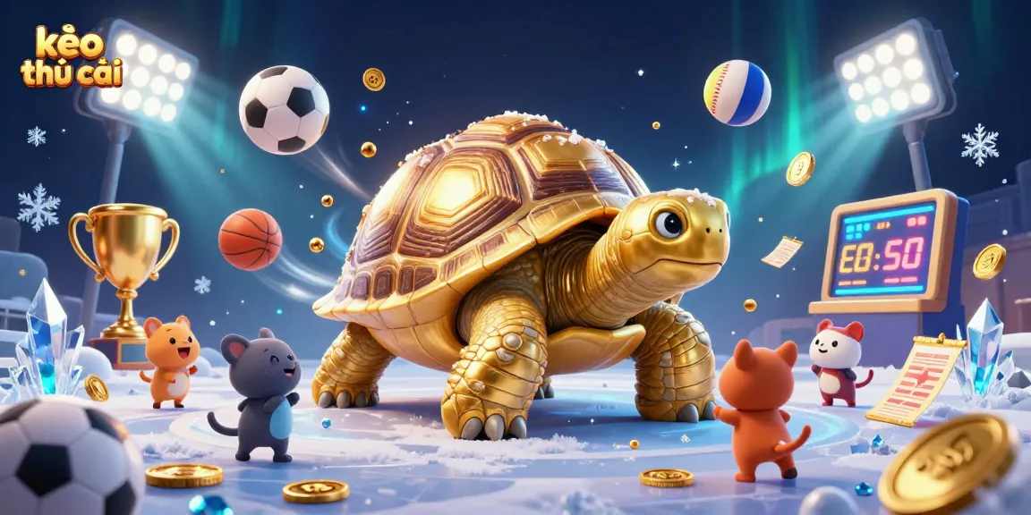 Engage with kèo nhà cái in a vibrant illustration of a golden tortoise pinball machine alongside dynamic sports elements.