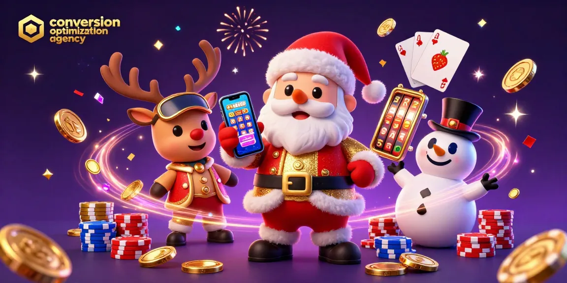 A vibrant casino scene of a friendly Santa, showing conversion optimization agency elements like slots and jackpots.