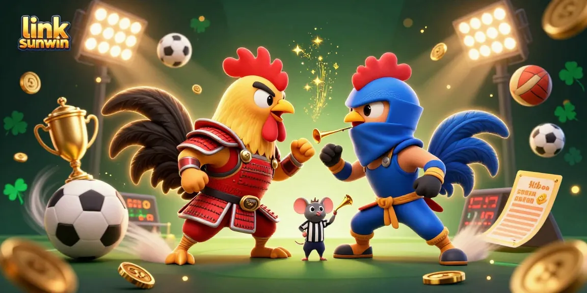 Experience thrilling gameplay with link sunwin in this dynamic 3D casino illustration featuring fighting roosters.