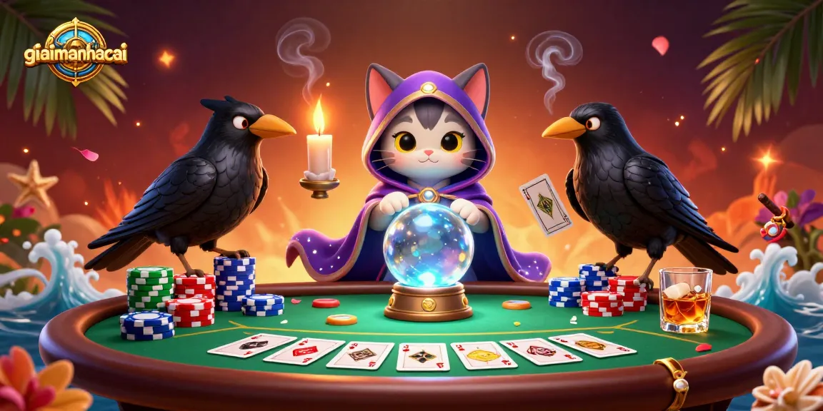 Engage in thrilling experiences at giaimanhacai with mystic-cat illustrations surrounded by poker elements.