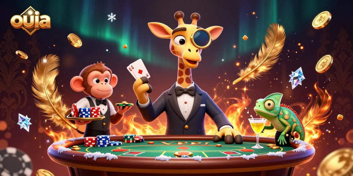 Play exciting games at ouia with a high-roller giraffe and monkey valet in a lively casino scene.